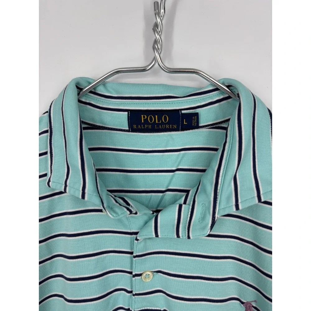 Polo Ralph Lauren Shirt Mens L Blue Striped Knit Logo Preppy Golf